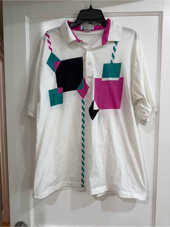 Van Heusen Other - Van Heusen White Polo with Teal, Magenta & Black Geometric Print